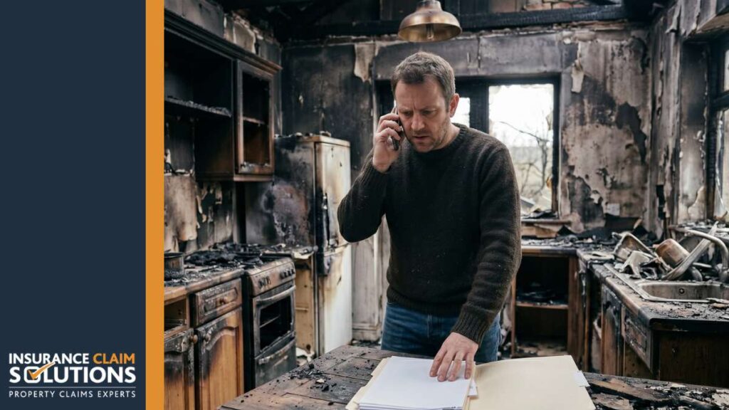 Accidental Kitchen Fire Insurance Claim 1 a homeowner call an insurance compan about accidental kitchen fire insurance from inside the aftermath of the kitchen fire