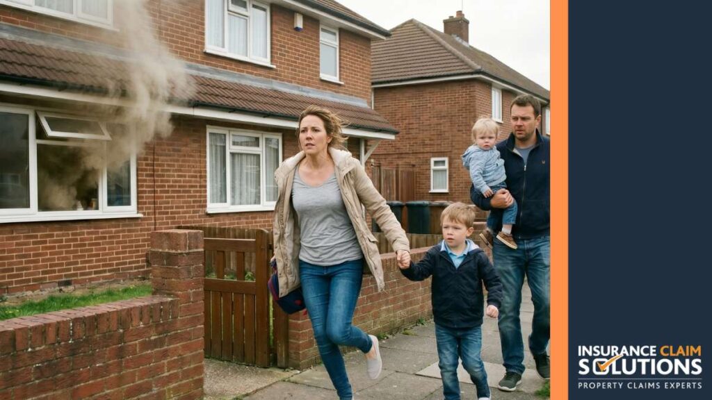 Accidental Kitchen Fire Insurance Claim 2 wife and husband carrying their children outside, away from an accidental kitchen fire